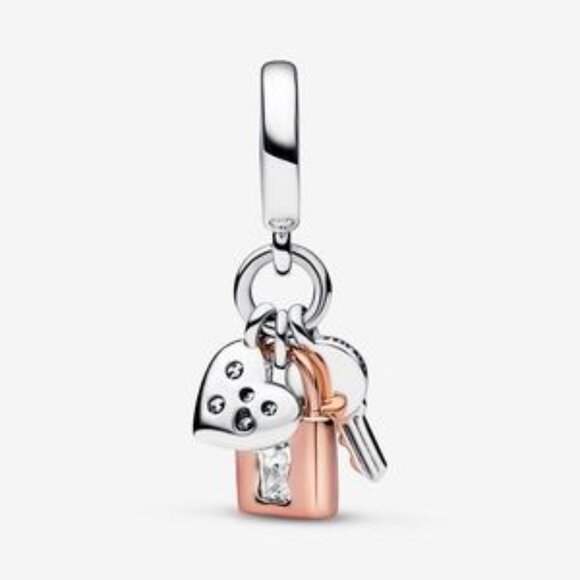 Pandora Two-tone Key, Padlock & Heart Triple Dangle Charm - Picture 2 of 4